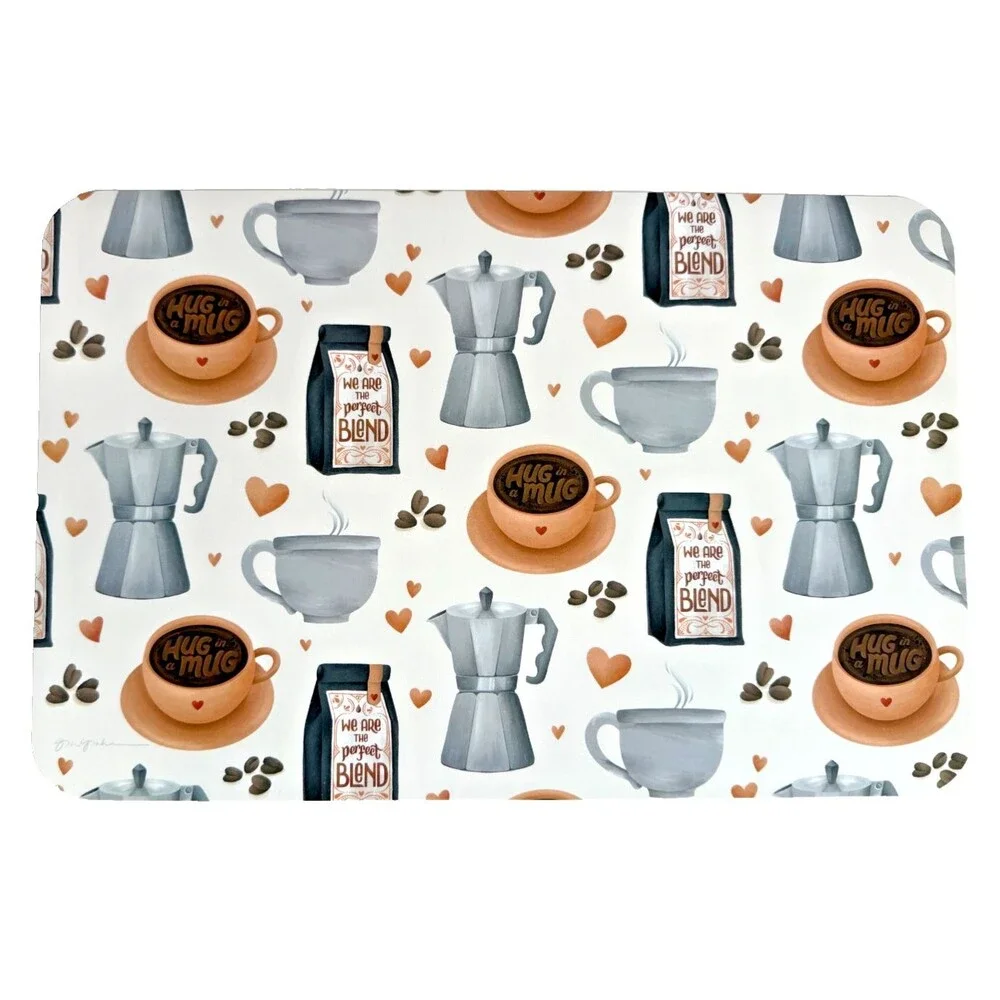 Coffee Themed Placemats Set of 4 Vinyl Cups Pot Beans Wipe Clean Made In The USA